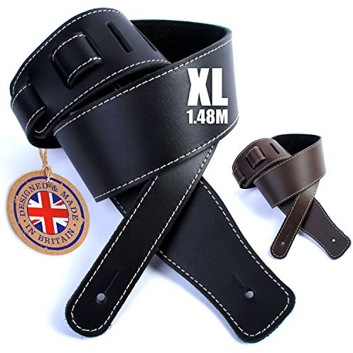 British Handmade Real Leather Guitar Strap: Finest Deluxe Italian Nappa Leather, 1.48m XL long Guitar Belt - Suits Electric, Bass or Acoustic Instruments (inc Semi/Electro)