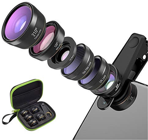 6 in 1 Obiettivo fisheye portatile 210 ° + Obiettivo filtro stella + Obiettivo grandangolare 120 ° + Teleobiettivo zoom 2X + Obiettivo macro 15X + Kit lente CPL con clip per cellulare
