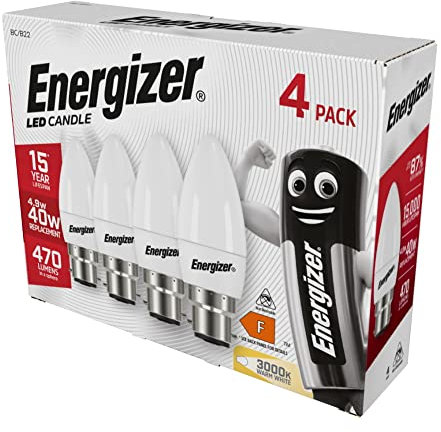 Energizer Candle 4.5W 40W Replacement LED Bulb 4 Pack (Warm White, B22), ENGS14331 [Energy Class F]