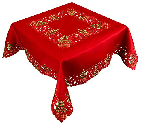 Grelucgo Embroidered Christmas Holiday Holly Tree Tablecloth (52 Inches Square Tablecloth)