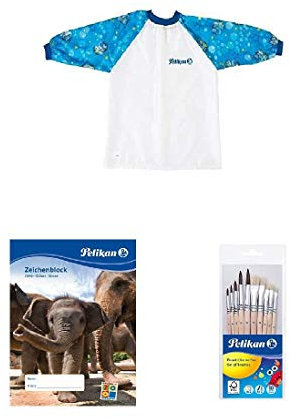 Pelikan 105346 - Blaue Malschürze mit Klettverschluss + Zeichenblock C4/10, A4, 10 Blatt + Pinsel Starter-Set mit 5 Haar- und 5 Borstenpinseln