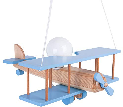 HELLUX Kinderzimmer Lampe Decke aus Holz | Deckenleuchten für Kinder | Kinderlampe Decke 75x42x45cm für Babyzimmer | Flugzeug Lampe E27 ohne Leuchtmittel (Blau/Naturholz)