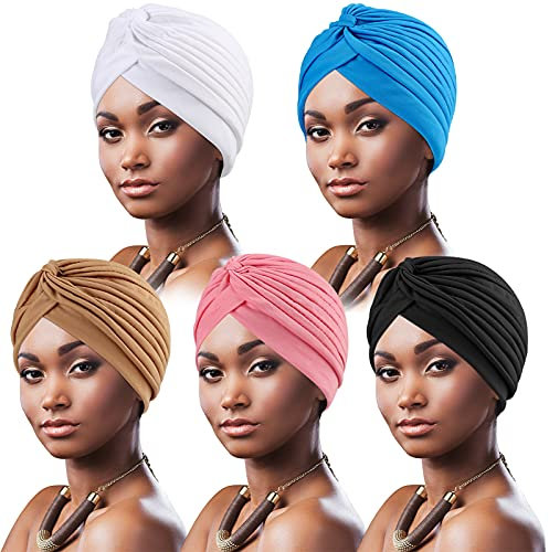 DRESHOW 5 Stücke Afrikanischen Turban für Damen Soft Vorgebunden Knot Mode Plissee Turban Hut Mütze Kopfwickel Schlafmütze