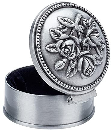 SUNNYCLUE Runde Vintage Schmuckschatulle Schmuckkästchen Geschenk Aufbewahrungsbox Klassisch Klein Mental Mit Blume Europäischer Retro-Stil Ohrring Schatztruhe Organizer Für Frauen Erwachsene Silber