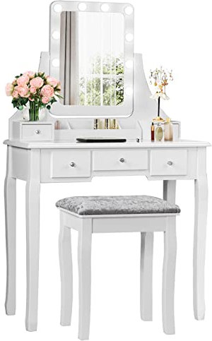 RELAX4LIFE Schminktisch mit Hocker & 360° Schwenkbarem Spiegel, Kosmetiktisch mit 10 Dimmbaren LED-Beleuchtungen, Frisiertisch mit 5 Schubladen & Organisator & Abnehmbarem Spiegel (Weiß)