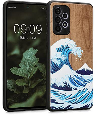 kwmobile Hülle kompatibel mit Samsung Galaxy A52 / A52 5G / A52s 5G Hülle - Holz Case - Handy Cover - TPU Handyhülle in Blau Weiß Braun Holz Japanische Welle