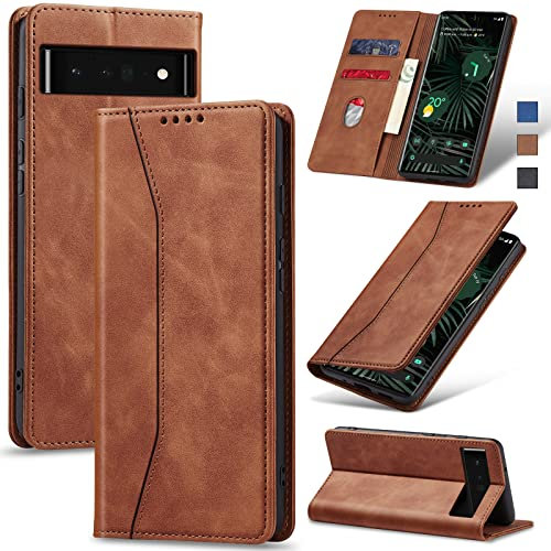 Jasonyu Handyhülle für Google Pixel 6 Pro Hülle Leder Flip Klappbare Stoßfeste Magnetische Premium PU Leder Standfunktion Kartenfächern Schutzhülle Klapphülle für Google Pixel 6 Pro,Braun