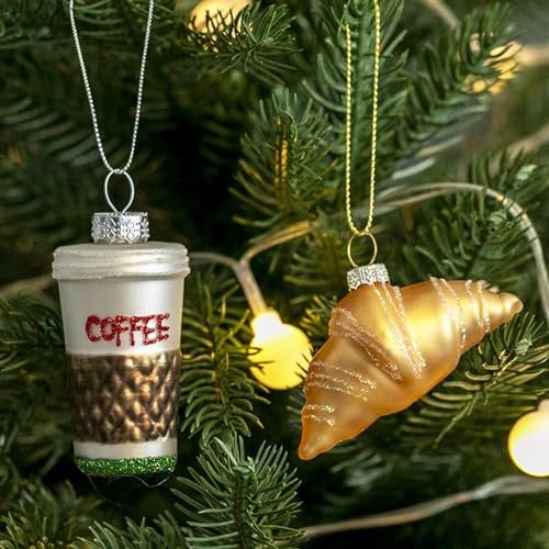 Amanman Glass Christmas Ornaments, 2Pack Croissant and Coffee Blown Glass Christmas Ornaments, Christmas Tree Decorations