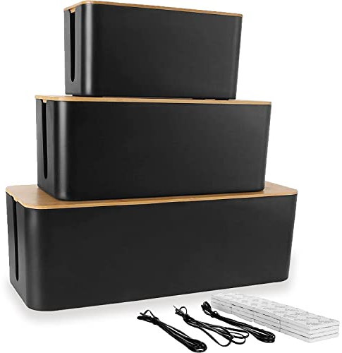 ASelected Lot 3 Boîte Cache Câble, Grand Boîte de Rangement Câbles Electriques avec Bois Couvercle, Boite Cache Multiprise pour Protection de Câble et Prise Electriques