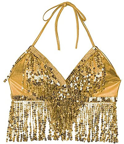SamHeng Bauchtanz Crop Top, Damen Pailletten Perlen Halter Top BH, Fransen Quaste Bandage Tank Top Strappy Backless Tube BH für Bauchtanz, Latin Dance, Party Club Kostüm