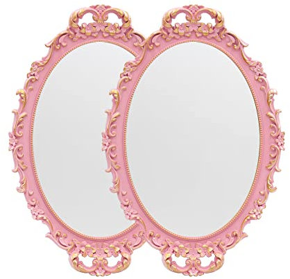 2PACK - Vintage Decorative Pink Framed Mirror, Wall Hanging Mirrors & Tabletop Tray for Bedroom Living Room Dresser Decor, Oval- 9.6 W x 14.3 L (PINK-2PACK)