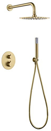 MICE - Ensemble de douche, Kit thermostatique douche encastré mural - 2 voies - robinetterie salle de bain thermostatique dorée couleur or brossé