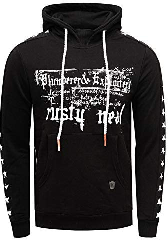 Rusty Neal Herren Sweatshirt Front Print Kapuzenpullover Langarm mit Kapuze Streetwear Sweat 138, Farbe:Schwarz, Größe S-3XL:XXL