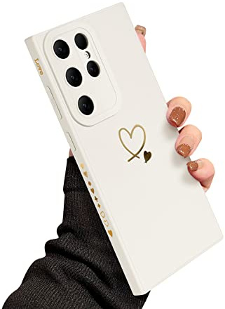 Newseego Handyhülle Samsung Galaxy S23 Ultra Hülle für Frauen Mädchen, Gold Herzmuster Weiches Silikon S23 Ultra Hülle Niedlicher Herz Rand Stoßfeste Kamera Schutzhülle für Samsung S23 Ultra-Weiß