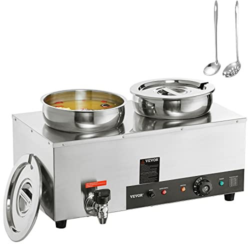 VEVOR Chauffe Soupe de Restaurant 2 x 7 L Station de Soupe Électrique 1200 W Chauffe-Plat avec Marmites en INOX 30-85 °C Protection Contre Brûlure Sèche Chauffe Sauce Fromage Chocolat Buffet Traiteur