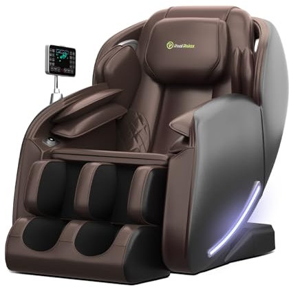 Real Relax massagesessel ganzkörpermassage mit wärmefunktion, Zero Gravity 3D-Robotische Hände SL Track Shiatsu-massagestuhl mit Liegefunktion und Rückenheizung, Body Scan, Bluetooth, Fußrolle, Braun