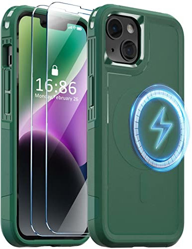 YEQOO Starke magnetische Schutzhülle für iPhone 14/iPhone 13 [kompatibel mit MagSafe] [3 m Fallschutz in Militärqualität] [2 Stück Glas-Displayschutzfolie] rutschfeste Abdeckung für iPhone 13 & 14 –