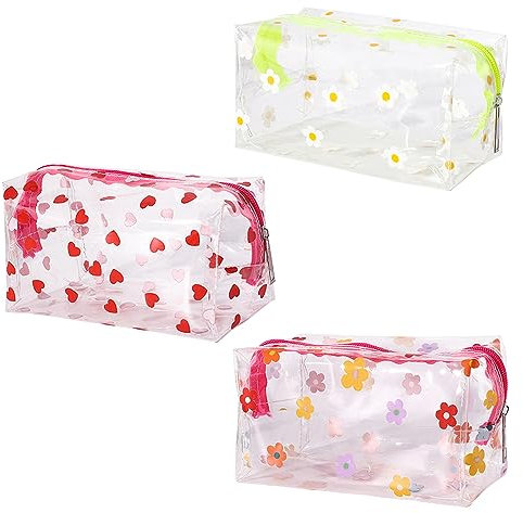 3 transparente Aufbewahrungsbeutel, Gänseblümchen, Herz, Sonnenblumenmuster Kosmetiktasche, Blumentasche, geeignet für Reisen, Geschäftsreise Lagerung.