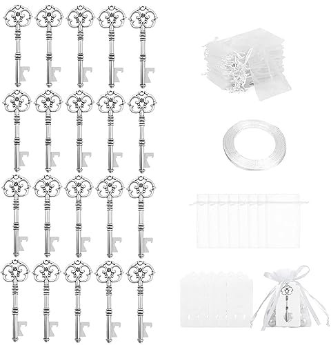 Ruspela Apribottiglie a forma di chiave, stile vintage, 20 pezzi, regalo per matrimoni, bomboniere, souvenir, set regalo con apribottiglie con coulisse, etichetta vuota per gli ospiti