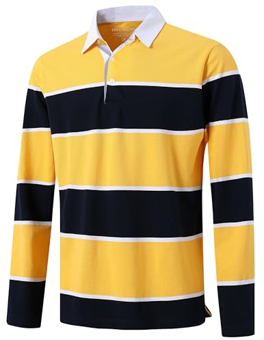 Men's Long Sleeve Polo Shirts for Men Casual Collared Striped Rugby Shirts for Men Soft Pique Cotton Dry Fit Golf Polo Shirts for Mens, L