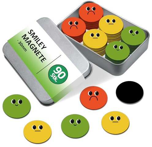 BIROYAL 90 STK. Smiley Magnete Belohnungstafel | Magnete Smiley ø30mm | Kühlschrank Magnet für Whiteboard, Belohnungs Kinder, Tafeln | Starke haftende Flach-Magnet | Lehrer Zubehör | 3 Emoticons