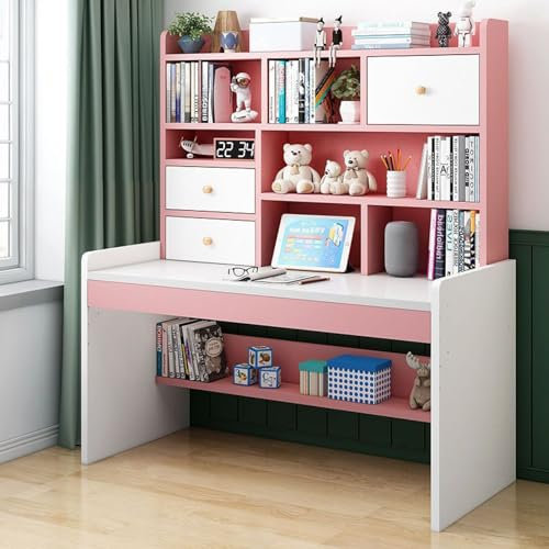 FAANAS Computer Desk with 2 Storage Drawers & Bookshelf, Adjustable Height Writing Study Desk Teenager Compact Desk & Workstations for Girl Boy(120cm, Pink)