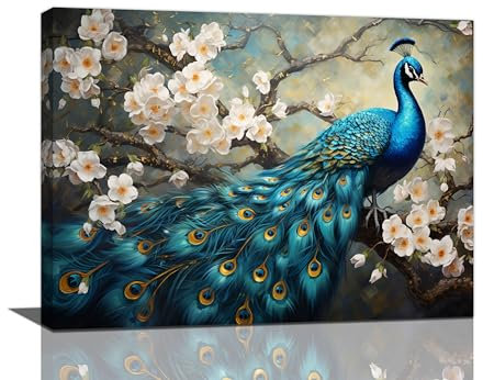 Mecowcm Pfau-Wandkunst, Pfau-Bilder, Wanddekoration, Leinwanddruck, Gemälde, Heimdekoration, Kunstwerk für Wohnzimmer, Büro, Schlafzimmer, Badezimmer, gerahmt, 30,5 x 40,6 cm