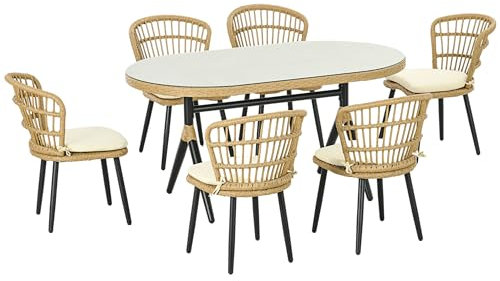 Outsunny Conjunto de Jardín de Ratán Sintético Juego de Muebles de Jardín Exterior de Ratán de 7 Piezas Incluye 6 Sillas con Cojines y Mesa de Vidrio Templado Natural