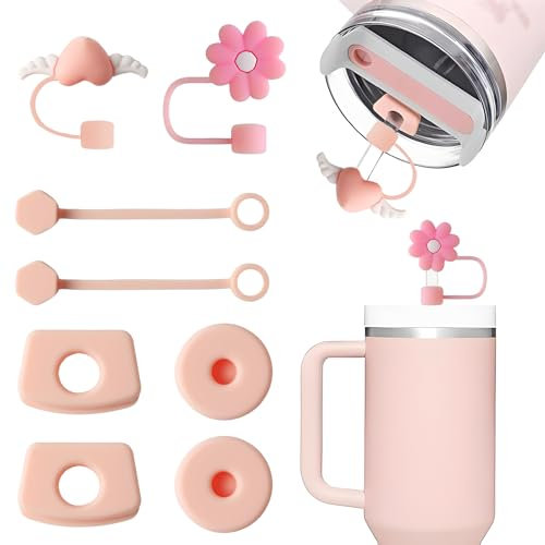 Juego de 8 piezas para accesorios Stanley Cup, 6 tapones de salida con 2 fundas para paja de 9 a 10 mm para Adventure Quencher 1.0 y 2.0 30oz 40oz (rosa) (tazas no incluidas)