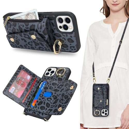 Lipvina Hülle für iPhone 12/12 Pro Hülle mit Band Kartenhalter handyhülle Hülle für iPhone 12/12 Pro mit Reißverschluss Band Ring Ständer Case für Frauen - Schwarzer Leopard