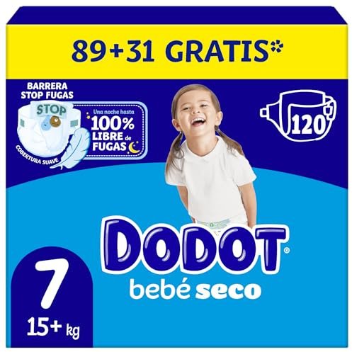 Dodot Pañales Bebé Seco Talla 7 (15+kg), 120 Pañales, Noche Sin Fugas | Hasta un 100% libre de fugas durante toda la noche, mantiene la piel del bebé seca hasta la mañana