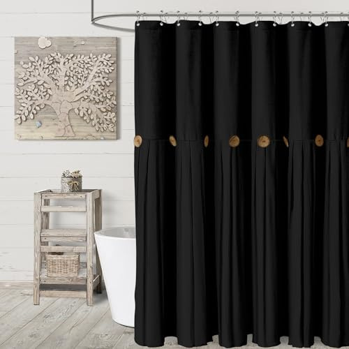 Awellife Farmhouse Duschvorhang mit Knopfleiste, Leinen, gewebt, Landhausstil, 183 x 183 cm, Schwarz