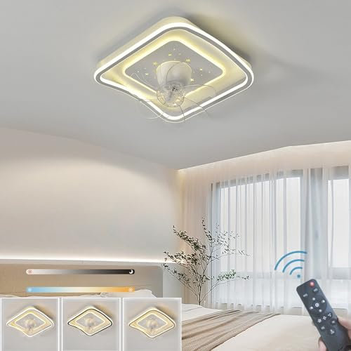 LED Ventilador con Luz Lámpara Dimmable Dormitorio Tranquilo Plafón Lluminación con Mando Distancia Ventilador Techo Luz Minimalista 360 Grados Cabeza Oscilante Salón Guardarropa (Blanco)