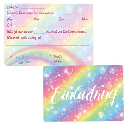 Youery 12x Regenbogen Einladungskarten Kindergeburtstag, 15 x 11 cm Geburtstag Party Einladung Einschulung für Mädchen und Jungen, Kinder Geburtstagseinladungskarten Regenbogen Sterne Bunt