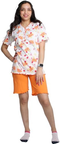 Lightweight and Breathable Women's Pyjamas – Summer Model Comfortable Short Sleeve and 3/4 Length Trousers – 100% Combed Cotton, 705-FR-23-Orange, 3XL