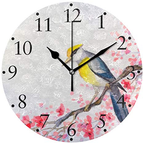 FJQWKLF Horloge Murale en Forme d'oiseau Oriolus, Fleur écarlate Rose, Ronde, décorative, Fonctionne à Piles, 9,8 Pouces, pour Cuisine, école, Bureau