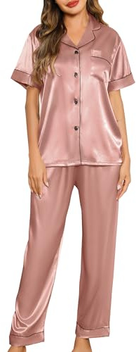 Lovasy Pyjama Satin Femme Short Ensemble Pyjamas Manches Courtes Chemises de Nuit Sexy Chic Ete 2 Pièces Vêtements de Nuit en Soie Boutonnée, Y-Rose Haricot S