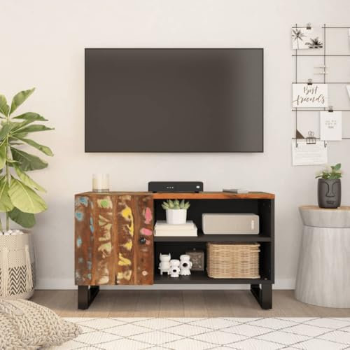 OHOOWOO Meuble TV 80x33x46 cm Bois de récupération et d'ingénierie,Meuble TV Bois Recyclé avec Grand Rangement et Pieds Stables Meubles TV