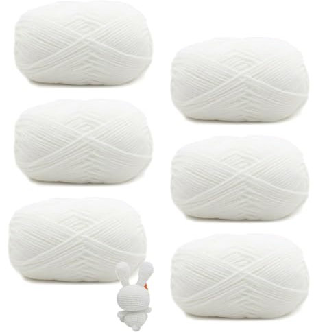Häkelgarn, 6 Stück Weiß Wolle zum Häkeln, Strick und Häkelgarn, 50g Handstrickgarn Baumwollgarn, Handstrickgarn Set, Sowohl für Anfänger als Auch für Erfahrene Häkler Geeignet