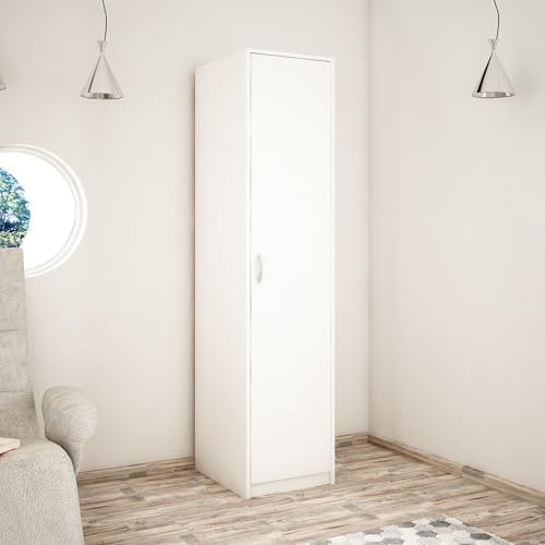Kleiderschrank mit 1 Tür, 1 Kleiderstange und 2 Einlegeböden, Garderobenschrank 45 cm breit Schrank schmal matte Oberfläche, aus laminierter Platte, ideal für Schlafzimmer, Wohnzimmer, Flur weiß
