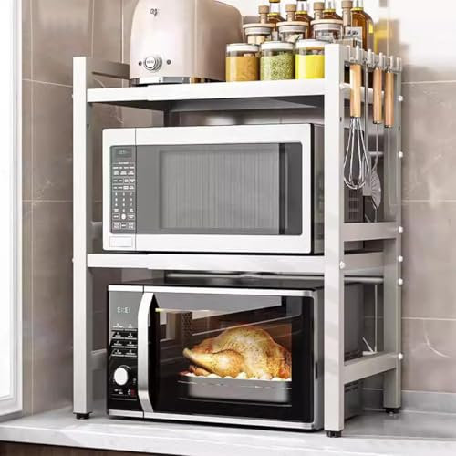 YENTAKE Küchenregal(3-stufig) - Ausziehbarer Mikrowellenständer mit 6 Haken, 40-64cm Mikrowellen Regal, Höhenverstellbare Mikrowellenhalterung (Weiß*3-stufig)
