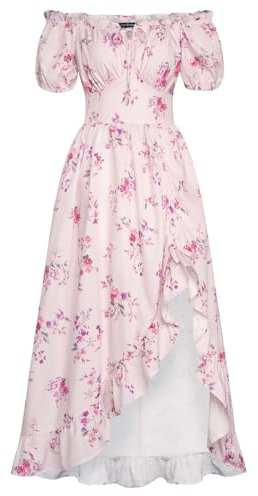 SCARLET DARKNESS Robe à fleurs victoriennes à manches courtes avec volants - Robe corset Cottagecore pour femme, Imprimé rouge sur rose, L