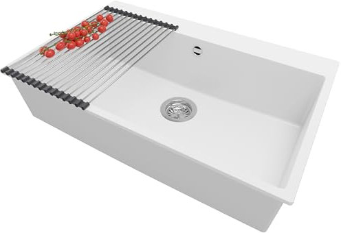 PRIMAGRAN Fregadero Cocina Blanco 78x50cm, Granito 1 Seno + Sifón + Enrollable Escurridor, Sobre encimera al mueble 80cm - Riga