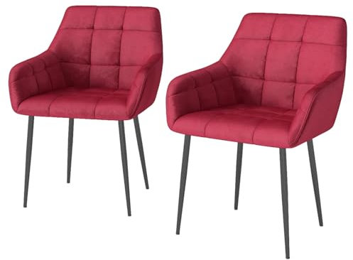 Eccellensedie Esszimmerstühle 2er Set Moderne Küchenstühle – Bequeme Wohnzimmerstuhl Polsterstuhl Sitzfläche Samt mit Armlehnen & Metallfüßen (2, Rot)