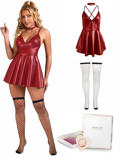 Ohmydear Lederkleid Damen Sexy Kurz Babydoll Kleid Dessous | Große Größen, Unterwäsche Kunstleder, Curvy Wetlook Kleider, A-Linie Minikleid Partykleid, Reizwäsche für Mollige Frauen