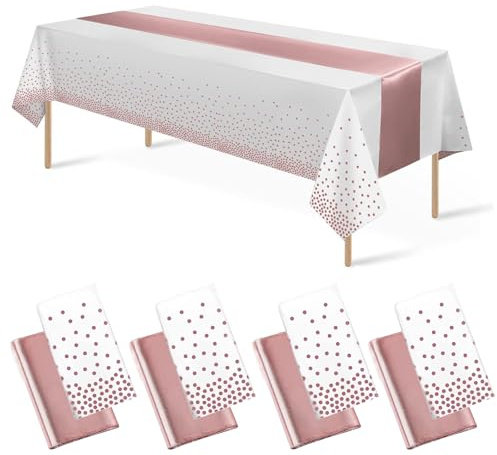 Auxemuen nappes jetables en Plastique, Nappe de fête de Point pour Mariage, Pique-Nique, Anniversaire, décorations de Douche de bébé, Fournitures (White and Rose Gold-R, 137 * 274cm+30 * 274cm)