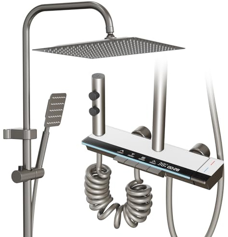 LANMOU Duschsystem Grau, Regendusche mit Armatur | Duscharmatur Komplettset mit 30 x 30 cm Kopfbrause, Handbrause, Höhenverstellbar 76–144 cm,1,5 m Schlauch