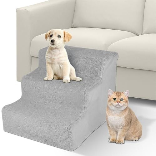 GREENSAPPIRE Hundetreppe 3 Stufen Haustiertreppe Plüsch Rampe Grau | Austiertreppe für Kleine Hunde Katzen Stabile Struktur Mit Weichem Waschbarem Bezug für Bett Sofa Auto Innen AußEn Nutzung