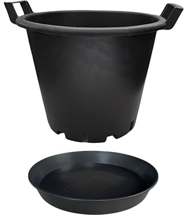 Heavy Duty Round Plant Pot & Saucer Set – 7 Sizes from 3L to 25L – Indoor Outdoor Use – Durable Plastic for Flowers, Vegetables, Herbs - Includes Matching Saucer – Black (1, Round 60L + 45CM)