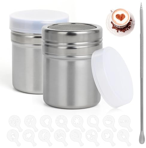 2PCS Chocolate Shaker for Cappuccino, Cocoa Powder & Flour Shaker with Lid | Icing Sugar Shaker Duster & Coffee Shaker for Cappuccino, with Fine Mesh Art Needle & 16 Stencils for Kitchen Baking Drinks